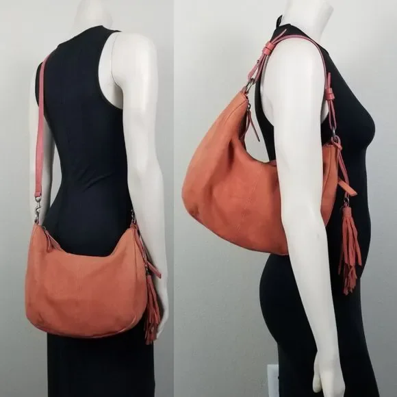 Lucky Brand Ebon Peach Leather Convertible Shoulder Crossbody Hobo Bag